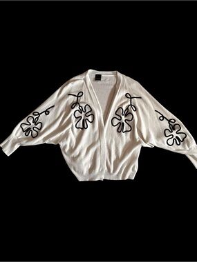 White with Black Floral Applique Open Cardigan Sweater